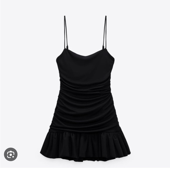 Zara Black Rushed Ruffle Dress BNWT - Picture 2 of 8